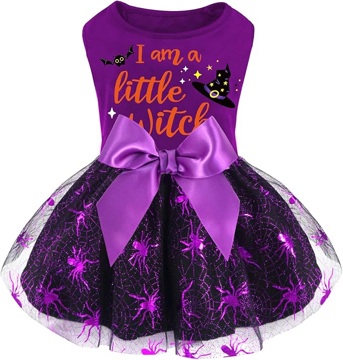 XPUDAC Halloween Dog Dress Witch Tulle Dress Holiday Dog Clothes for Small Dogs Girl, Spider Pet Costume Cat Apparel, Purple-XS