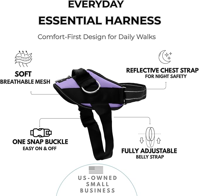 ShawnCo Essential Dog Harness, No-Pull Pet Vest with 3 Leash Clips, No Choke, Reflective, Adjustable and Padded, for Easy Walking and Training for Small, Medium and Large Dogs (ICY Lilac, L)