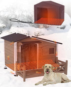 GUTINNEEN Heated Dog House Outdoor with Proch Weatherproof Dog Kennel with Heating Pad Anti-Chewing Iron Frame Dog Shelter for Small Medium Dogs(Dark Brown)