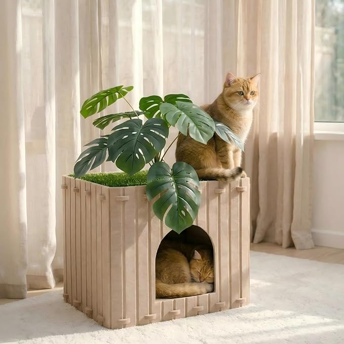 Cat Houses for Indoor Cats with Decorative Plants, Hidden Indoor Cat Bed Cave, Cozy Felt Design, Strong Scratch-Resistant Capacity, Hideaway Cat Condo, Ideal for Home Decor, Dark Camel