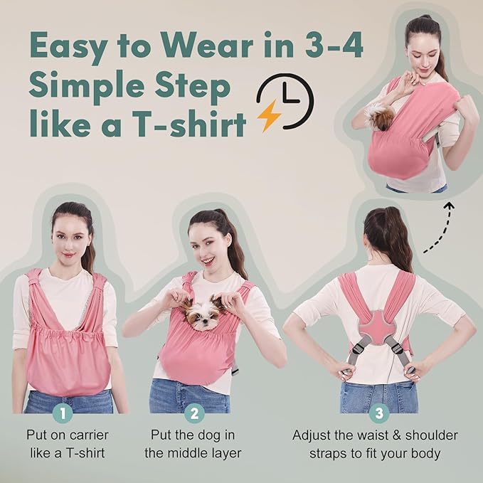 Supet Dog Sling Carrier for Small Pets, Hands Free Cat Sling, Reducing Back Neck Pain Anti-Anxiety Puppy Front, Adjustable Soft Dog Carrying (Pink, Plus 7-15 Lbs)