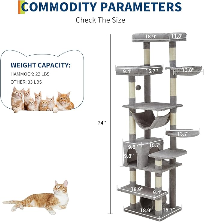 74" Tall Cat Tree,Large Cat Tree for Big Cats,Cat Tower with Scratching Posts, Condo, Perches, Hammock, Tunnel & Feeding Station,Deep Gray