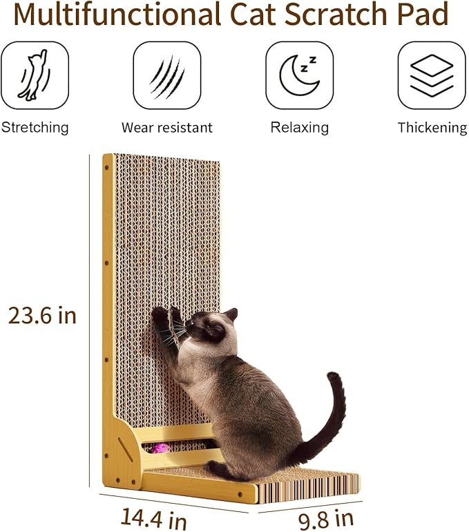 L-Shaped Cat Scratcher for Indoor Cats – Durable Cardboard Scratching Pad with Ball Toy & Catnip, Furniture Protector Cat Scratcher Lounge, Large Cat Scratch Board (Natural Design)