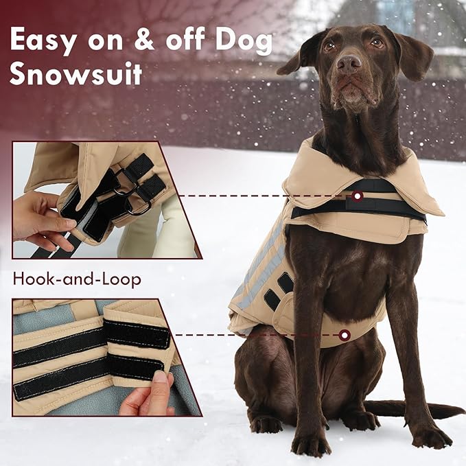 Large Dog Jacket Waterproof Warm Dog Winter Coats with Harness Hole Turtleneck Reflective Snowsuit Adjustable Fleece Coat for Dogs French Bulldog, Khaki L