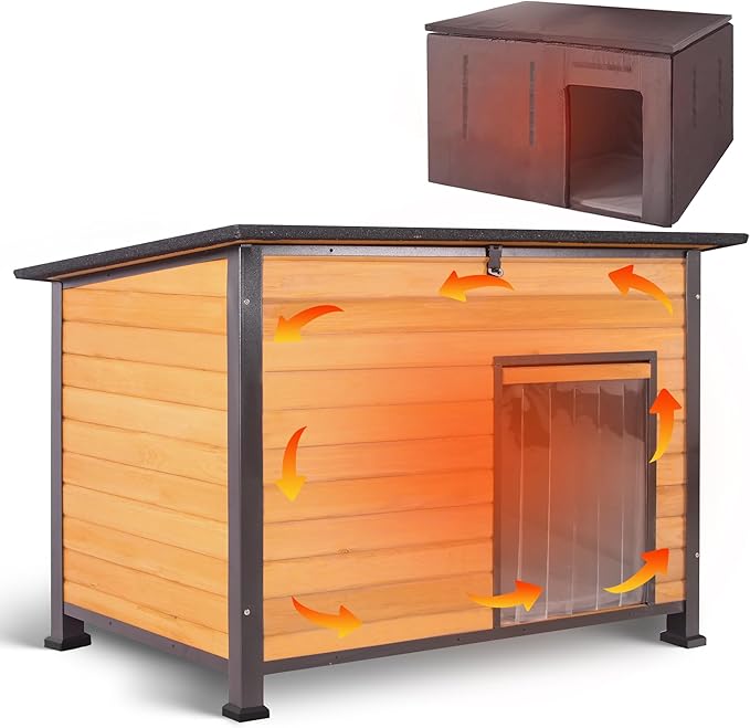 Insulated Dog House Outdoor Weatherproof, Wooden Heated Large Houses with Removable Liner for Winter, Upgrade Anti-Chewing Iron Frame Dog Shelter for Puppies, Cats