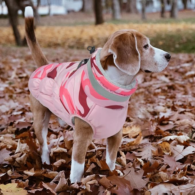 Lelepet Warm Dog Winter Coat Dog Coats for Large Dogs Waterproof Dogs Jacket with Harness Built in Reflective Cold Weather Coats Zip-Up Winter Fleece Vest Snowsuit Boston Terrier Pink Camo L