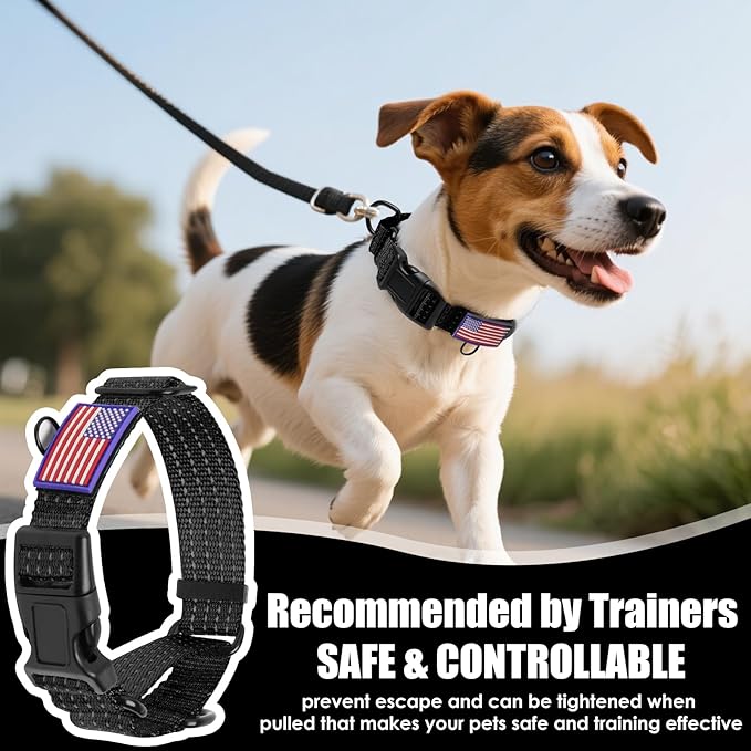 Martingale Dog Collar, Reflective No Pull Training Collar with Quick Release Buckle & USA Flag, Heavy-Duty Nylon, Adjustable for Small Medium Large Dogs (L,Black with Flag