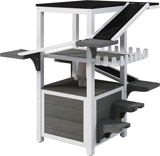 Merax 4 Tiers Outdoor Cat House, Weatherproof Cat Tree Tower with Waterproof Roof and 2 Doors, Feral Cat Shelter Outside Enclosure, Multi-Level Play Zones with Balcony for Small Animals
