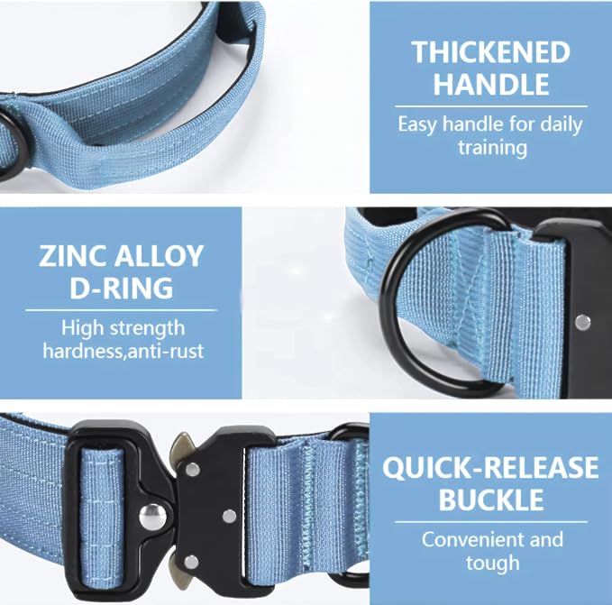 Heavy Duty Tactical Dog Collar – Adjustable Nylon w/Metal Buckle, Durable & Comfortable for Medium to Large Dogs (German Shepherd, Labrador, Rottweiler), Light Blue, Large, for Training & Outdoor Use