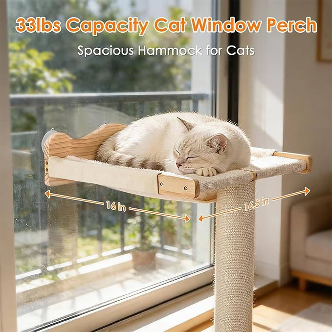 Keaber Cat Window Perch with Scratching Post, 44" Tall Adjustable Sisal Cat Tree for Large Cats Up to 33lbs, Suction Cup Wooden Hammock for Climbing,Bird Watching,Sleeping, Beige,with Washable Cushion