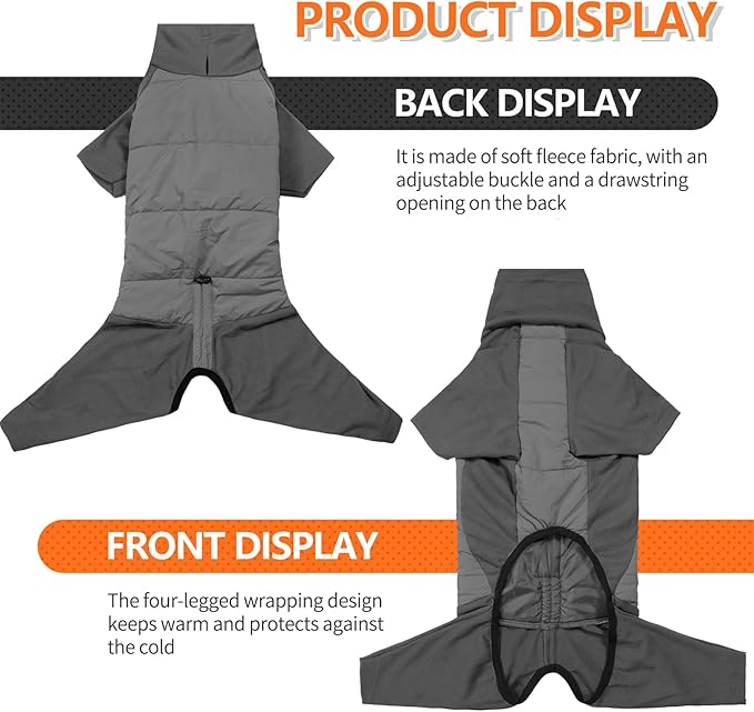 BRKURLEG Full Body Dog Winter Coat Warm Fleece Pullover Pajamas, Four Legs Covered Windproof Dog Jacket for Small to Large Dogs, Turtleneck Dogs Snowsuit, Pet Cold Weather Clothes, Grey M