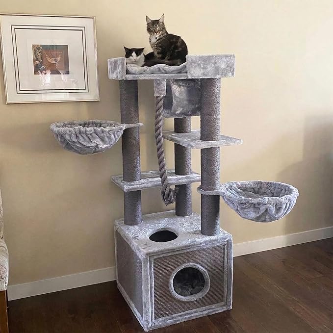 CozyCatFurniture Heavy Duty Cat Tree for Large Cats with Two Hammocks, Huge Condo and XXL Bed on Top