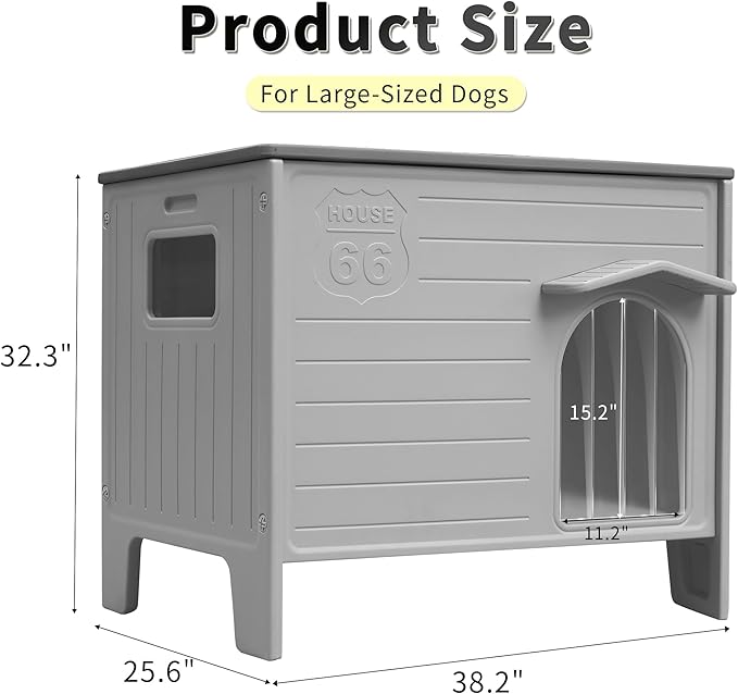 Rockever Large Dog House Outdoor Indoor for Medium Large Dogs, Plastic Elevated Outdoor Dog House Waterproof Dog Kennel with Window, Easy Clean and Assemble(L)