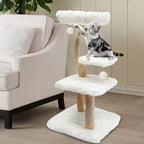 Modern Indoor Cat Tree, Wood Single Branch Cat Tower, Wooden Cat Condo with Climbing Perches, Cat Climbing Furniture for Cat Gift, White