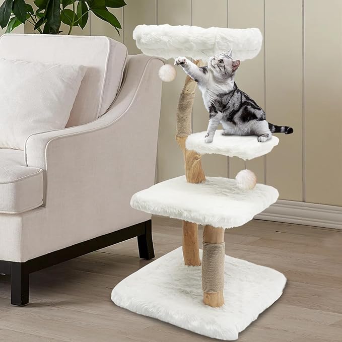 Modern Indoor Cat Tree, Wood Single Branch Cat Tower, Wooden Cat Condo with Climbing Perches, Cat Climbing Furniture for Cat Gift, White