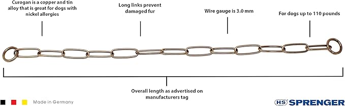Herm Sprenger Curogan Long Link Fur Saver Dog Training Collar Hypoallergenic Nickel Free No-Pull Slip Chain for Small Medium Large Dogs for Easy Control Made in Germany 3mm 18in 46cm
