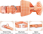 Tunkoo Dog Collar with Bow Tie Elegant Plaid Soft Comfy Cotton Adjustable Collar Premium Metal Buckle,Small Medium Large Puppy Cat Outdoor Training Walking Running（Orange Grid，L）