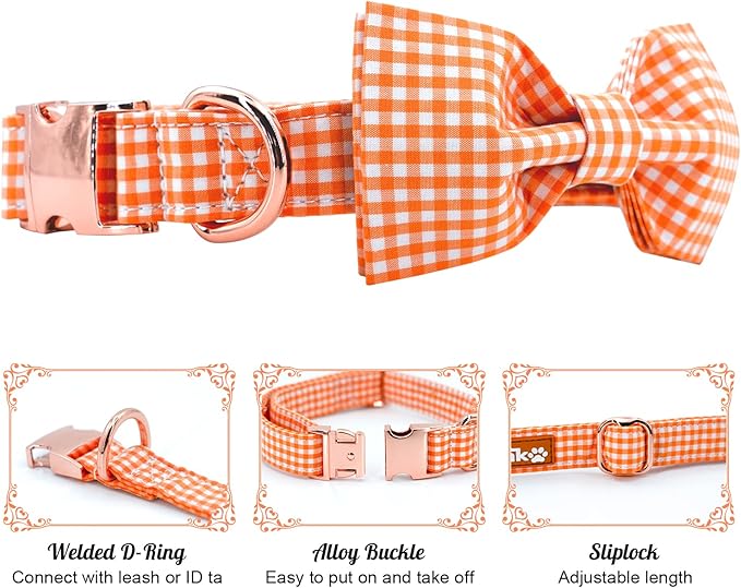 Tunkoo Dog Collar with Bow Tie Elegant Plaid Soft Comfy Cotton Adjustable Collar Premium Metal Buckle,Small Medium Large Puppy Cat Outdoor Training Walking Running（Orange Grid，S）