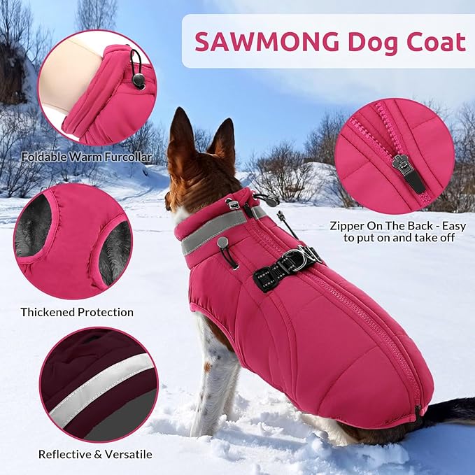 SAWMONG Dog Coat, Warm Dog Winter Coat, Waterproof Fleece Jacket, Cold Weather Dogs Jacket (3XL,Rosered)