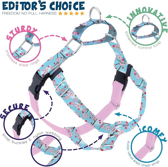 2 Hounds Design - Freedom No-Pull Harness & Training Leash in Pink and Blue | Dual Leash Loops, No Pulling on Walks | Lined to Prevent Chaffing | for Large Sized Dogs (Size L, Chest 28”- 32”)