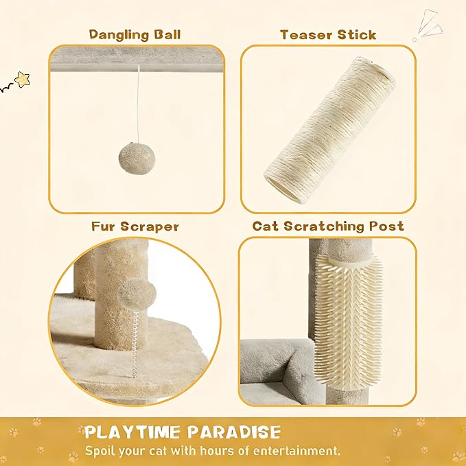 Cat Tree, 66 Inches Modern Cat Tower for Indoor Cats, Multi-Level Tall Cat Tree for Large Cats with Sisal-Covered Scratching Posts, Padded Platform, Hammock, and Condo, Beige
