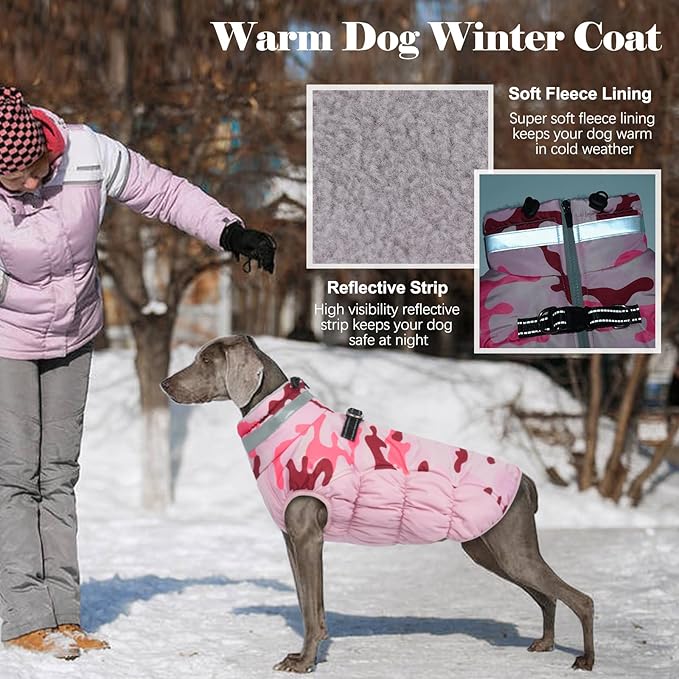 Lelepet Warm Dog Winter Coat Dog Coats for Large Dogs Waterproof Dogs Jacket with Harness Built in Reflective Cold Weather Coats Zip-Up Winter Fleece Vest Snowsuit Boston Terrier Pink Camo L