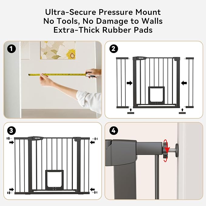 30 Inch Tall Dog Gate with Cat Door, Adjustable Width (29.7-45.2 Inches) for Doorways, Hallways & Stairs, Pressure-Mounted Walk-Through Dog Gate with Auto-Close & Double Lock Safety（Black）