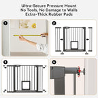 30 Inch Tall Dog Gate with Cat Door, Adjustable Width (29.7-57 Inches) for Doorways, Hallways & Stairs, Pressure-Mounted Walk-Through Dog Gate with Auto-Close & Double Lock Safety（Black）