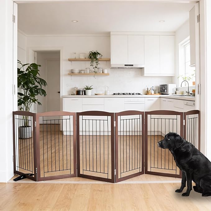 Dog Fence Indoor,Dog Gate Indoor for Doorway pet gate -6-Panel Freestanding, Hallways, House or Stairs -120x32-Inch Retractable Foldable Expandable Wood Pet by SFJC (Brown) ﻿