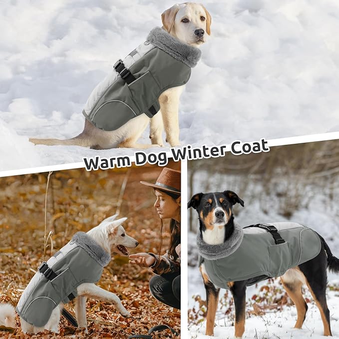 Queenmore Dog Cold Weather Coats, Fleece Collar Pet Apparel for Cold Weather, Dog Snowsuit, Cozy Winter Dogs Jackets Winter with Quick Release, Grey, XXL