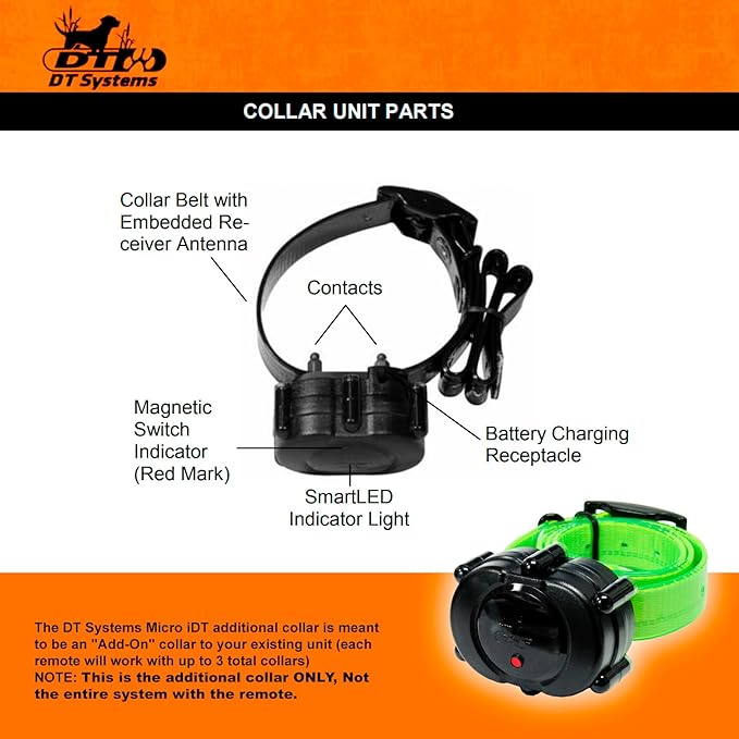DT SYSTEMS Micro iDT Additional Collar for DT Systems Micro iDT Plus Dog Training System, 6-22" Adjustable Replacement Add-On E-Collar - Green