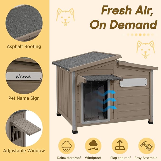 Outdoor Wooden Dog House for Small Dogs, Weatherproof Winter Dog Kennel with Openable Roof & Window, Chew-Resistant Frame, Cozy Indoor Shelter (Grey, 34" D x 22" W x 26.5" H)