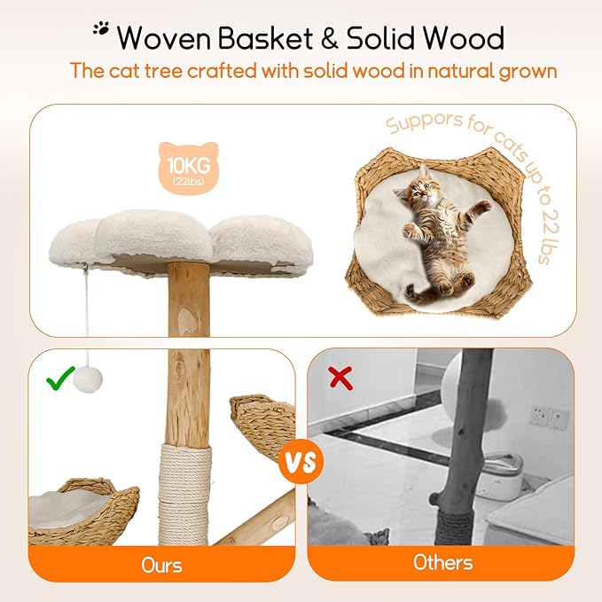 Bingopaw Modern Cat Tree Tower: 44Inch Large Cats Tree with Rattan Basket and Sturdy Base - Wooden Cat Tree with Scratching Post and Flower Shape Platform