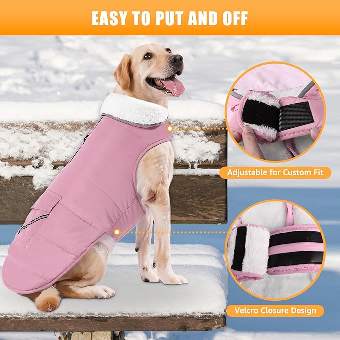 iBuddy Dog Winter Jacket for X-Large Dogs, Easy on Dog Fleece Snow Coat Velcro Waterproof Pet Puffer Coat with Harness Hole Adjustable Reflective Quilted Pet Cold Weather Vest for Girl Female
