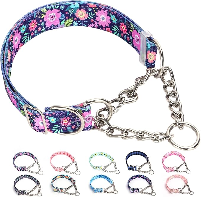 Martingale Dog Collar with Chain, No Pull Slip Cinch Choker Choke Collar Bohemia Flowers Duty Dog Collar for Medium Large Extra Large Pet Dogs,Flowers L