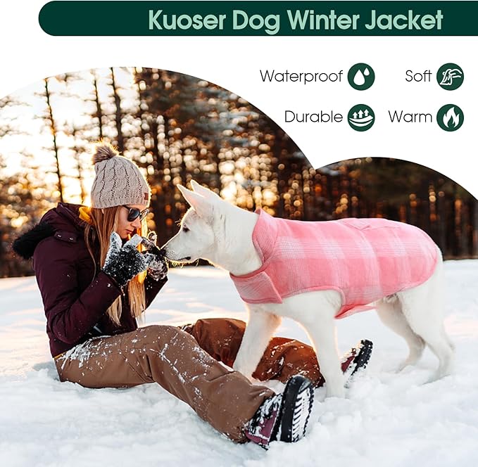 Kuoser Reversible Winter Coat, British Style Jacket for Small Dogs, Warm Windproof Puppy Cold Weather Clothes Vest, Pink XS