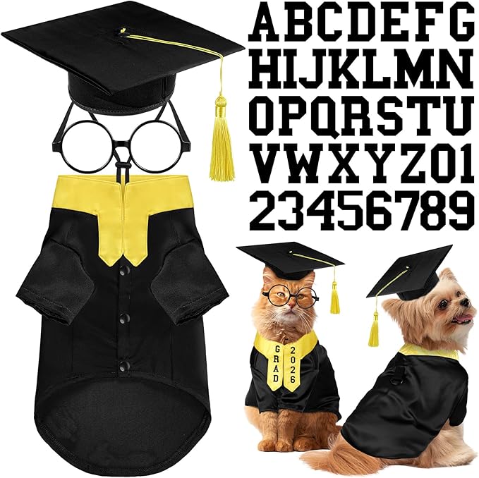 5 Pcs Dog Graduation Costume Set Include 2026 Pet Graduation Gown with Stole Puppy Grad Cap Lensless Glasses DIY Letter Stickers for Dogs Cats Holiday Costume Accessory(Black Yellow,S)