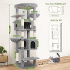 Globlazer Heavy Duty Cat Tree, 74in Sturdy Cat Tower for Large Cats Adult, Big Cat Tree with 7 Sisal Scratching Posts, 2 Padded Condos, 2 Dual-Ear Hanging Baskets, Enlarged Top Perch, S74, Light Grey
