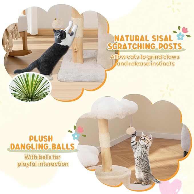 PETSITE 32 Inch Wood Cat Tree, Multi-Level Small Cute Cat Tree with Sisal Scratching Posts, Cat Condo, Soft Long Plush Covered Perches, and Dangling Balls