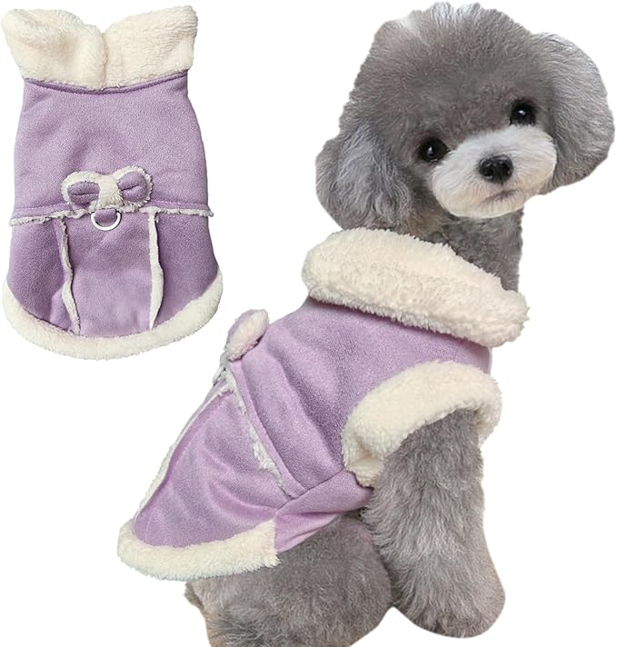 Jecikelon Bowtie Dog Cold Weather Coat Fleece Lining Warm Pet Puppy Turtleneck Dogs Winter Clothes for Small Dogs with D-Ring (Purple, Small)