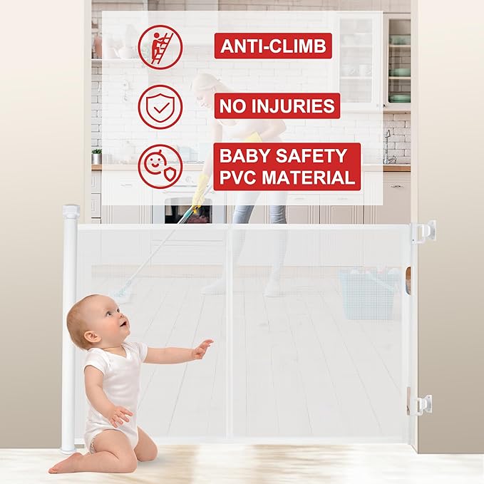 71 inches Extra Wide Retractable Baby Gate, 34 inches Tall Pet Gate for Stairs, Hallways, Kitchens, Safety Mesh Barrier for Kids and Dogs, Indoor Outdoor Use, White
