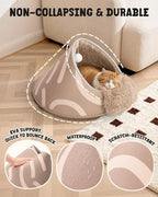 BurgeonNest 20-Inch Round Cat Bed Cave, Enclosed Hooded Pet House for Indoor Kittens, Anti-Collapse EVA Shell with Cord Access for Heating Pad, Washable Soft Plush, Brown