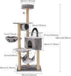 Cat Tree, W23.6*D15.7*H63in Cat Climbing Tower for Indoor Cats, Multi-Layer Cat Condo with Cat House, Hammock, Jumping Platforms, Scratching Posts, Holds 7.5kg/16.5lbs (Grey)