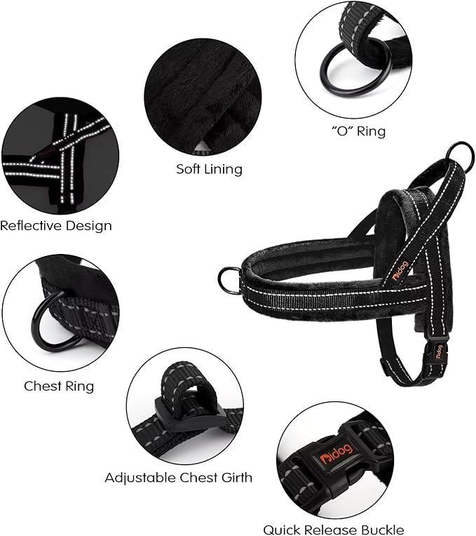 Didog Soft Flannel Padded Dog Vest Harness, No Pull/Quick Fit Reflective Dog Strap Harness, Easy for Training Walking (M:Chest 22-26", Black)
