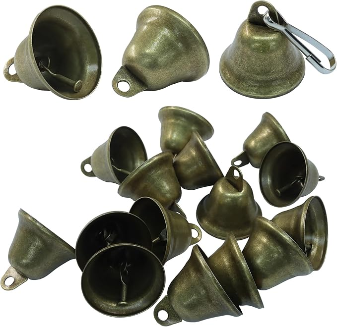 20pcs Vintage Bronze Jingle Bells with Spring Hooks - Mini Craft Bells for Christmas Decor, Dog Potty Training, Wind Chimes, Wedding Door & DIY Crafts (1.5 X 1.7 Inch)
