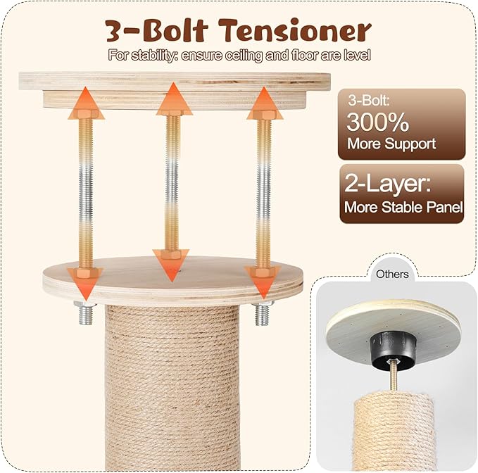 Tinnmao Solid Real Wood Floor to Ceiling Cat Tree, 7 Level Adjustable Height (105"-122"), Modern Climbing Tower with Thickened Wooden Sisal Scratching Posts & Cozy Bed for Indoor Cats Large Adult