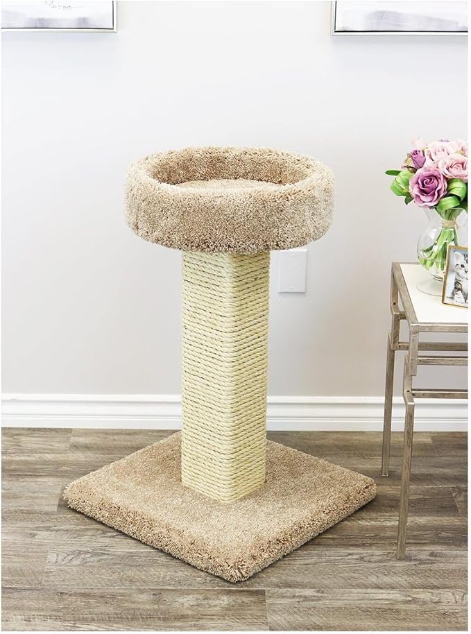 Maykoosh French Flair Elevated Cat Scratch Post with Cat Bed, Compact and Stylish Elevated Cat Bed with Plush Carpet and Sisal Scratching Post, Perfect for Sleep and Play Brown
