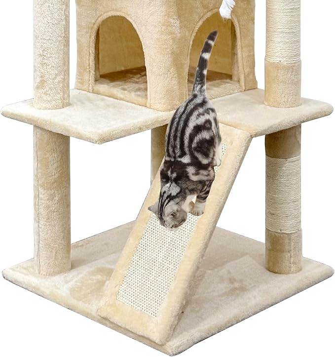 52.5in Cat Tree, Multi-Level Cat Tower with Spacious Kitten-Ear Perch, 2 Cozy Caves, Scratching Posts, Climbing Ladder, Durable Pet House Furniture for Indoor Kittens,Beige