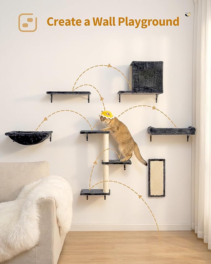 Heavy Duty Cat Wall Shelves for Large Cats, 6-in-1 Cat Furniture Set with 17" × 11.9" Large Perch Bed and Hammock, Cat Climbing Wall Systems with Vertical Cat Scratcher
