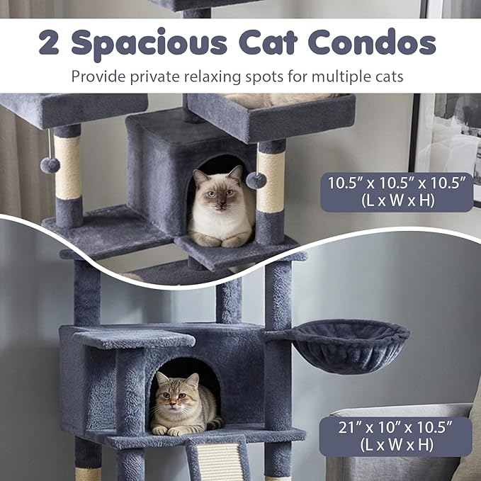 Tangkula 65 Inch Tall Cat Tree, Multi-Level Cat Tower with Sisal Scratching Posts & Board, 2 Condos, 3 Plush Top Perches, Adjustable Basket, 3 Hanging Balls for Indoor Cats (Dark Gray)